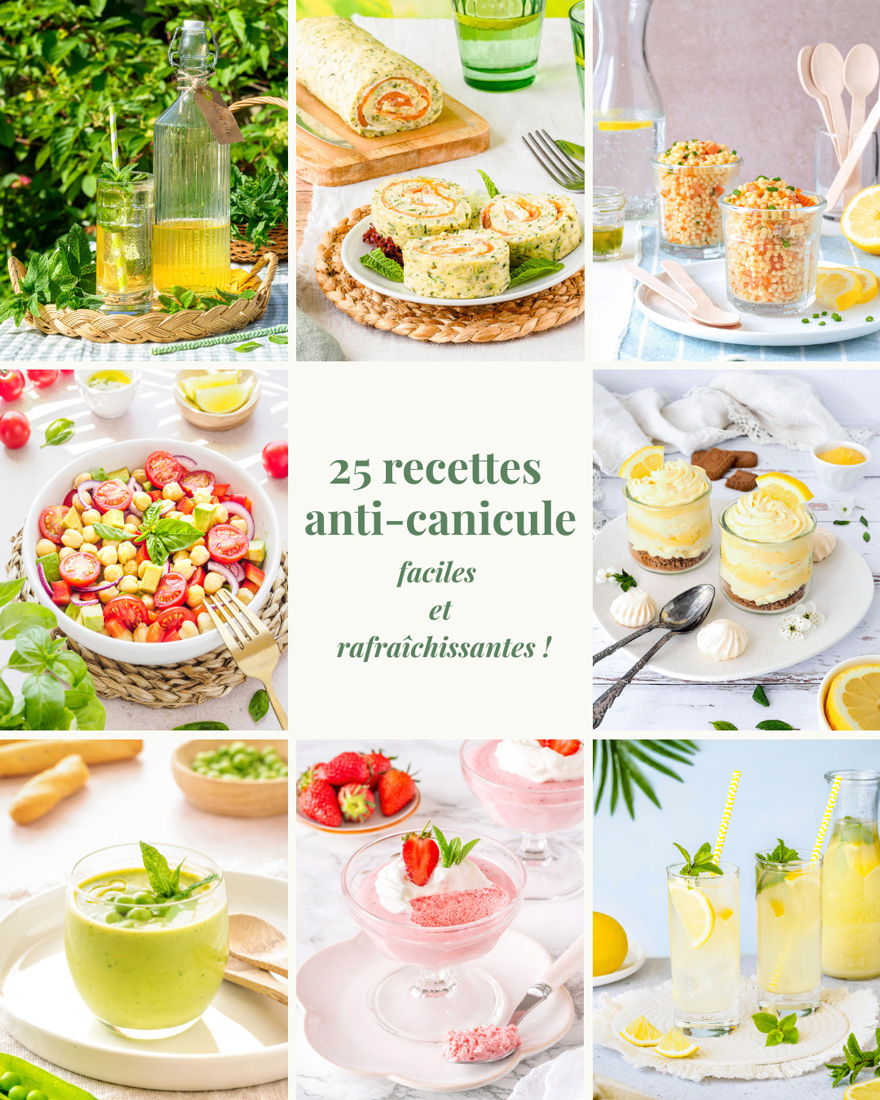 25 recettes anti-canicule : salades, soupes froides, desserts et boissons fraîches pour l'été.